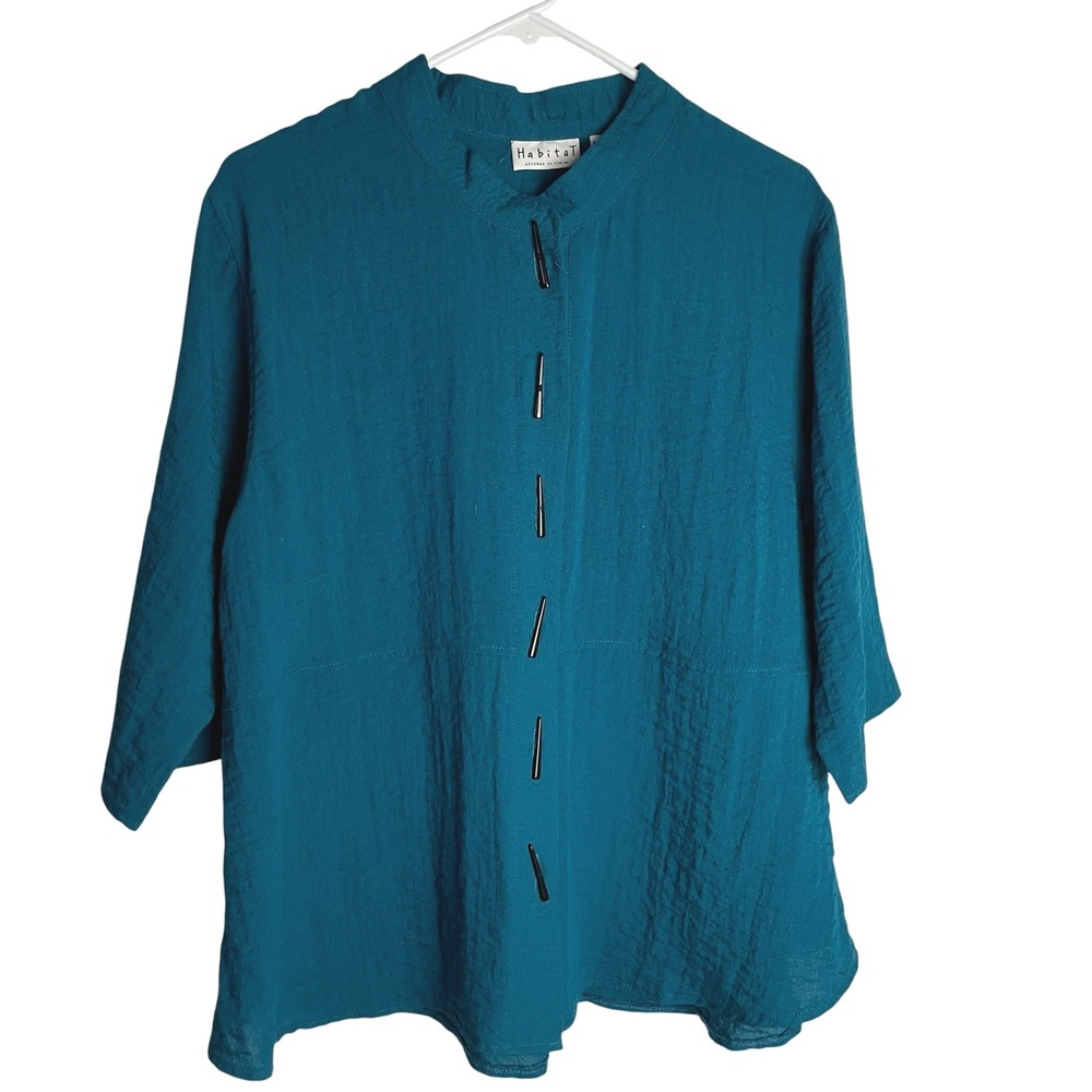 Habitat Womens Textured Toggle Blouse Top Size M Teal Artsy Lagenlook Mock Neck